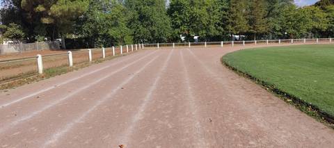 L'anneau de 400 m en cendrée : les couloirs, tracés à la chaux, se devinent à peine — Stade Jean Vincent, Saint-Brevin-les-Pins